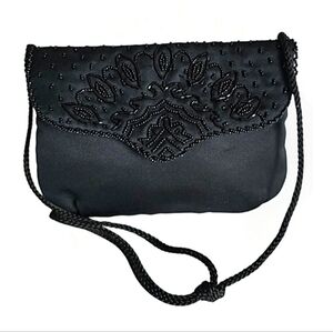 Vintage Kane-M Purse with Beads, Black Fabric, Handmade in China, Braided Strap